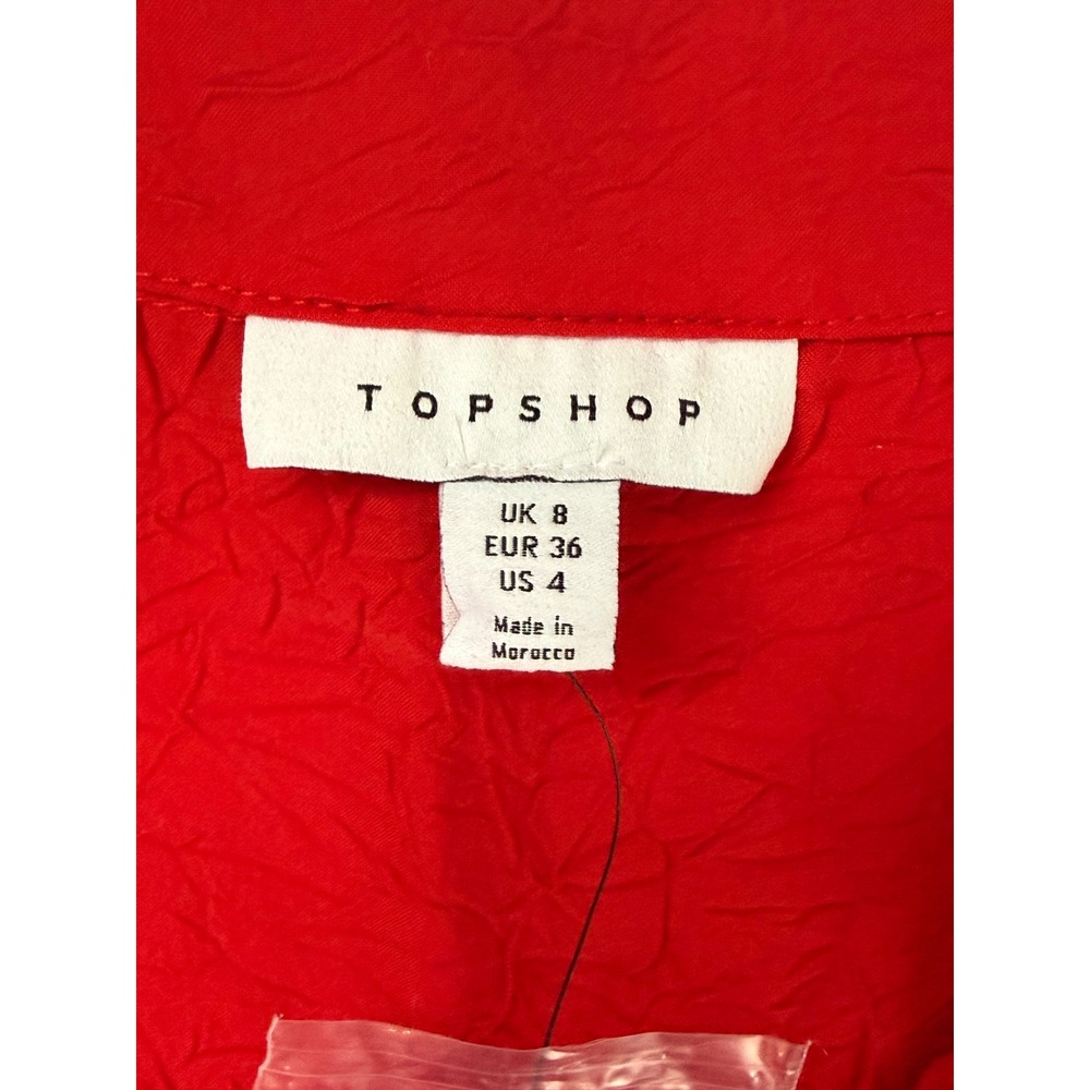 Topshop Red Crinkle Tie Front Blouse Long Sleeve V-Neck Top US 4 - Picture 2 of 8